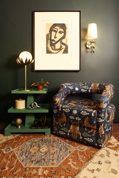 Tatiana Textured Green Linen Tapered Three Tier Side Table with Center Column