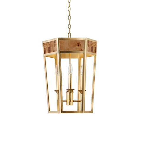 Reynolds Four Light Burlwood and Gold Metal Hexagon Pendant Light