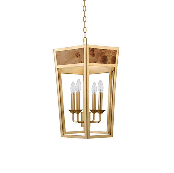 Reynolds Four Light Burlwood and Gold Metal Hexagon Pendant Light