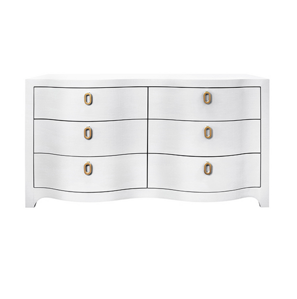 Rosie Textured White Linen Curved Front Six Drawer Chest with Satin Brass Hardware