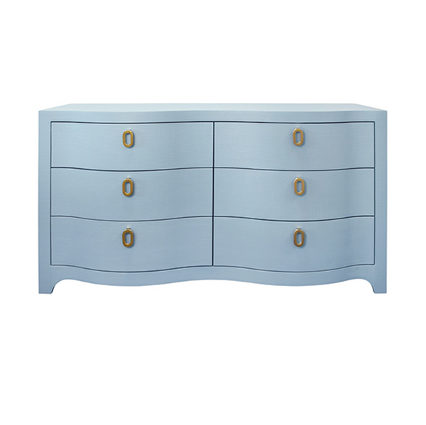 Rosie Textured Light Blue Linen Curved Front Six Drawer Chest with Satin Brass Hardware