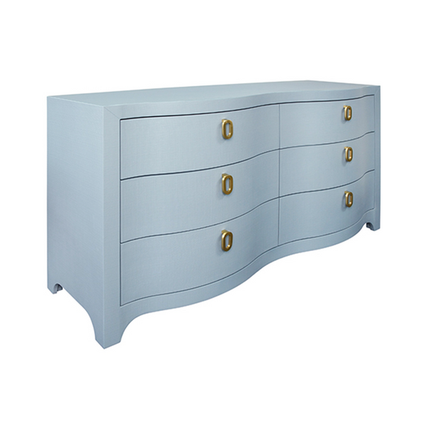 Rosie Textured Light Blue Linen Curved Front Six Drawer Chest with Satin Brass Hardware