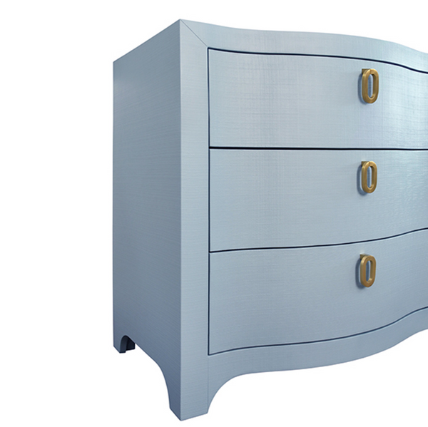 Rosie Textured Light Blue Linen Curved Front Six Drawer Chest with Satin Brass Hardware