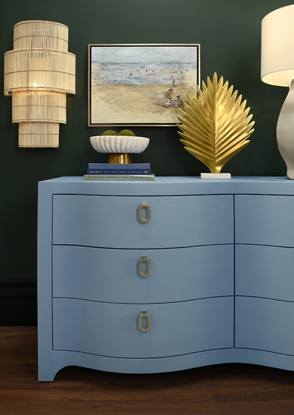 Rosie Textured Light Blue Linen Curved Front Six Drawer Chest with Satin Brass Hardware