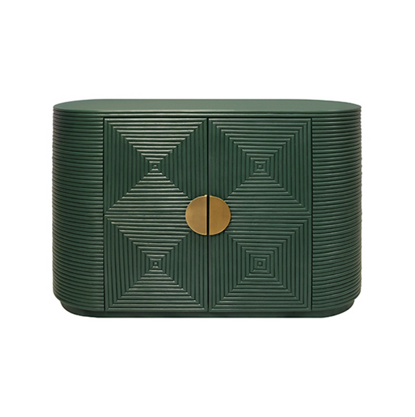 Roger Painted Green Two Door Rattan Reeded Cabinet with Curved Ends