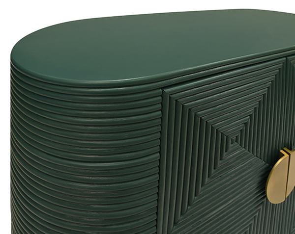 Roger Painted Green Two Door Rattan Reeded Cabinet with Curved Ends