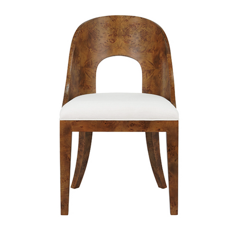 Rafferty Dark Burlwood Curved Back Dining Chair with White Performance Linen Seat