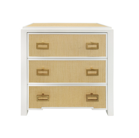Radley Natural Grasscloth and Matte White Lacquer Three Drawer Side Table with Satin Brass Drawer Pulls