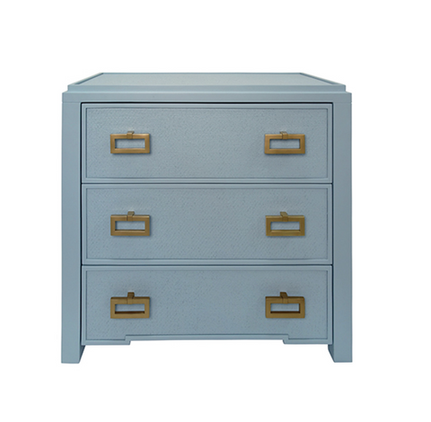 Radley Light Blue Grasscloth and Matte Lacquer Three Drawer Side Table with Satin Brass Drawer Pulls