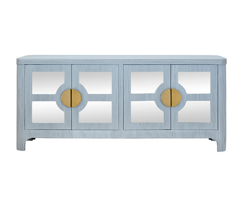 Opal Light Blue Rattan and Mirror Four Door Buffet