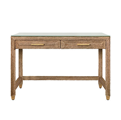 Noble Wrapped Rope, Glass Top, Two Drawer Desk with Brass Hardware
