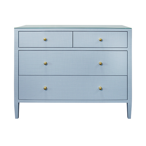 Michelle Textured Light Blue Linen, Glass Top, Four Drawer Chest with Brass Knobs