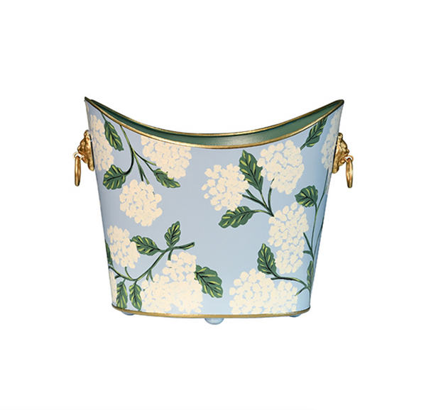 Hydrangea Handpainted Oval Metal Wastebasket with Goldtone Lionhead Handles