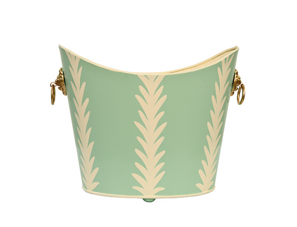 Frond Handpainted Oval Metal Wastebasket with Goldtone Lionhead Handles