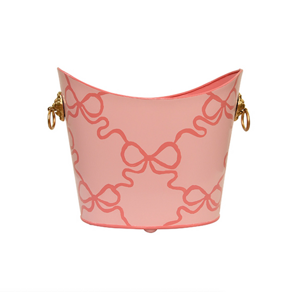 Bows Handpainted Oval Metal Wastebasket with Gold Lion Head Handles