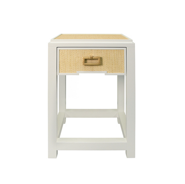 Jean Matte White Lacquer and Natural Rattan One Drawer Side Table with Satin Drawer Pull