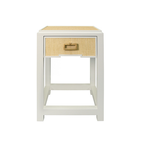 Jean Matte White Lacquer and Natural Rattan One Drawer Side Table with Satin Drawer Pull