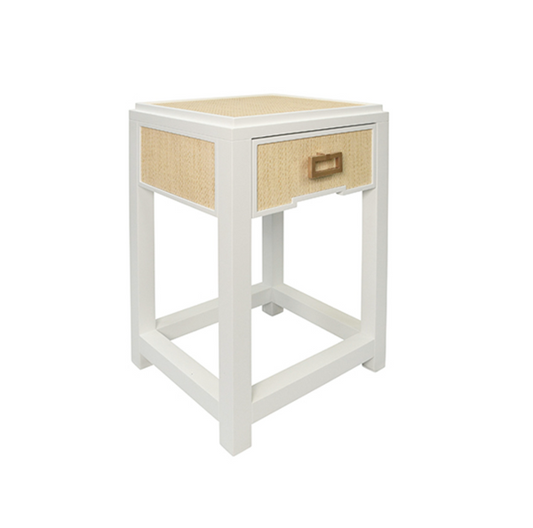 Jean Matte White Lacquer and Natural Rattan One Drawer Side Table with Satin Drawer Pull