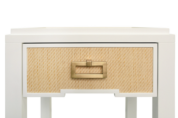 Jean Matte White Lacquer and Natural Rattan One Drawer Side Table with Satin Drawer Pull
