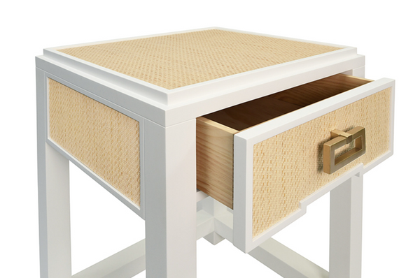 Jean Matte White Lacquer and Natural Rattan One Drawer Side Table with Satin Drawer Pull