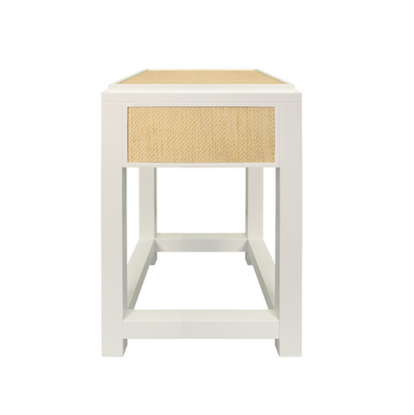 Jean Matte White Lacquer and Natural Rattan One Drawer Side Table with Satin Drawer Pull