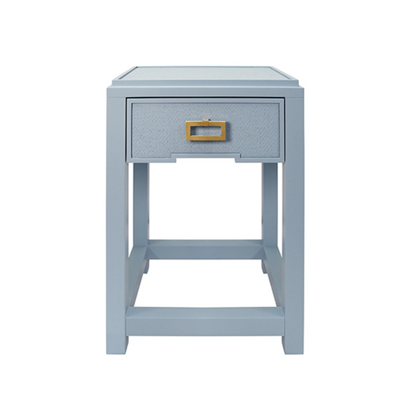Jean Light Blue Matte Lacquer and Light Blue Grasscloth One Drawer Side Table with Satin Brass Drawer Pull