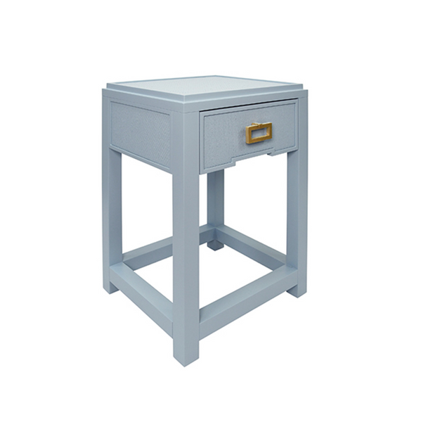 Jean Light Blue Matte Lacquer and Light Blue Grasscloth One Drawer Side Table with Satin Brass Drawer Pull