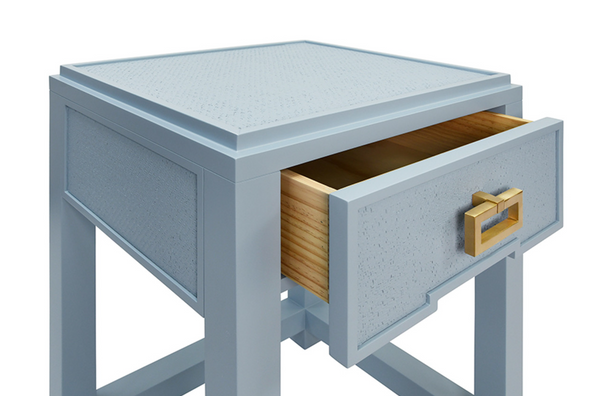 Jean Light Blue Matte Lacquer and Light Blue Grasscloth One Drawer Side Table with Satin Brass Drawer Pull