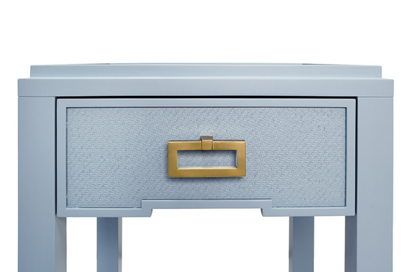 Jean Light Blue Matte Lacquer and Light Blue Grasscloth One Drawer Side Table with Satin Brass Drawer Pull