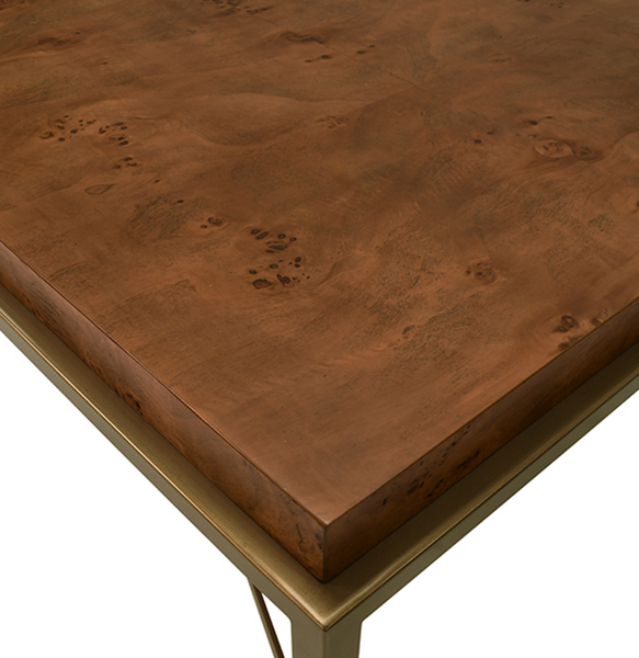 Hardwick Dark Burl wood and Antique Brass Frame Coffee Table
