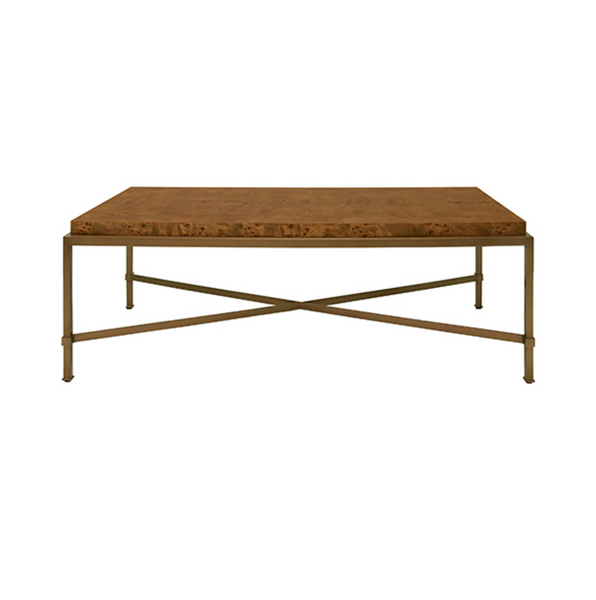 Hardwick Dark Burl wood and Antique Brass Frame Coffee Table