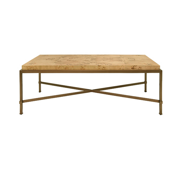 Hardwick Light Burl Wood and Antique Brass Frame Coffee Table