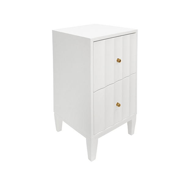 Hammond Matte White Lacquer Fluted Front Two Door Side Table with Brass Knobs