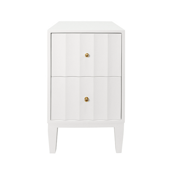 Hammond Matte White Lacquer Fluted Front Two Door Side Table with Brass Knobs