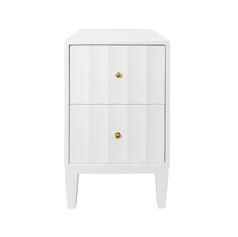 Hammond Matte White Lacquer Fluted Front Two Door Side Table with Brass Knobs