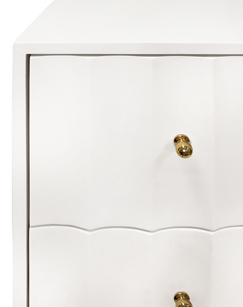 Hammond Matte White Lacquer Fluted Front Two Door Side Table with Brass Knobs