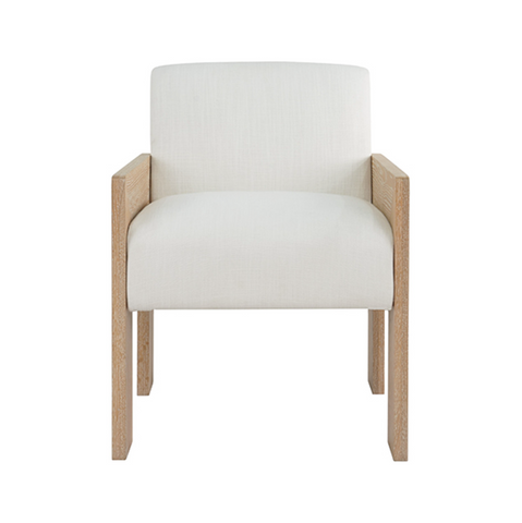 Astor Cerused Oak Square Arm Wooden Accent Chair with White Performance Linen Upholstery