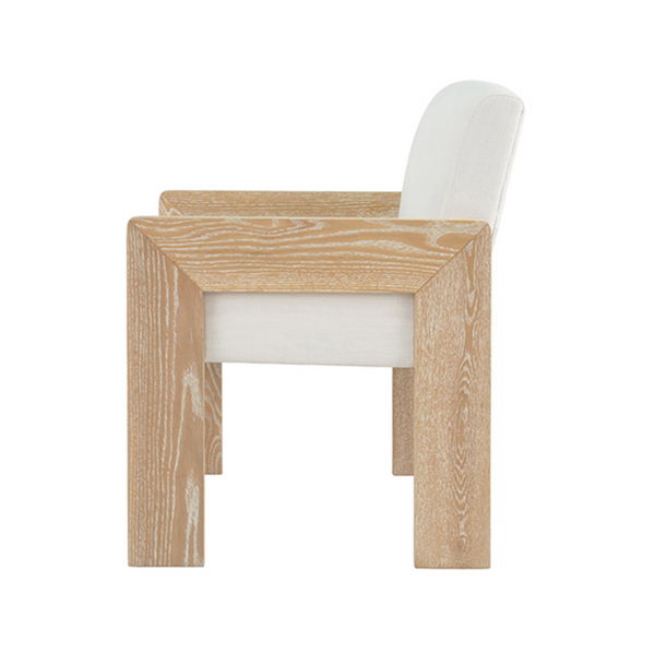Astor Cerused Oak Square Arm Wooden Accent Chair with White Performance Linen Upholstery