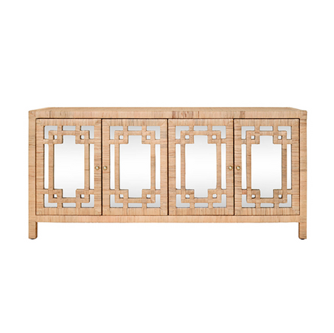 Granada Natural Rattan Four Door Buffet with Mirror Front Doors and Brass Knobs