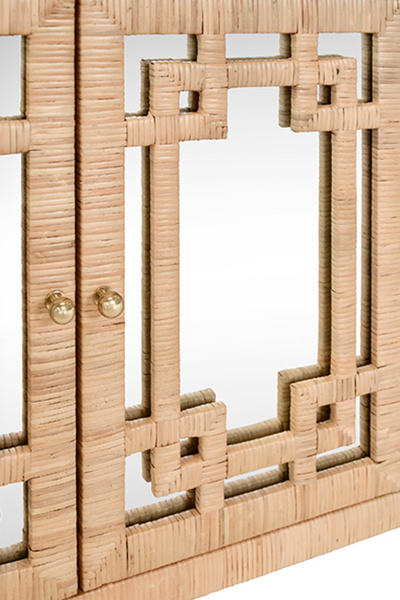 Granada Natural Rattan Four Door Buffet with Mirror Front Doors and Brass Knobs