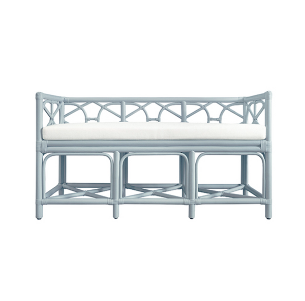 Ferguson Light Blue Rattan Bench with Ivory Linen Performance Cushion