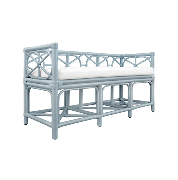 Ferguson Light Blue Rattan Bench with Ivory Linen Performance Cushion