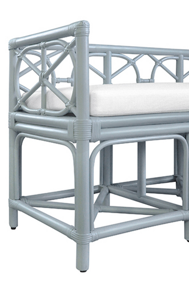 Ferguson Light Blue Rattan Bench with Ivory Linen Performance Cushion