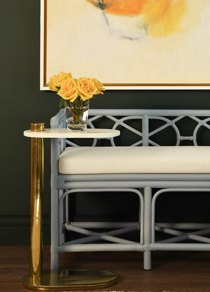 Ferguson Light Blue Rattan Bench with Ivory Linen Performance Cushion