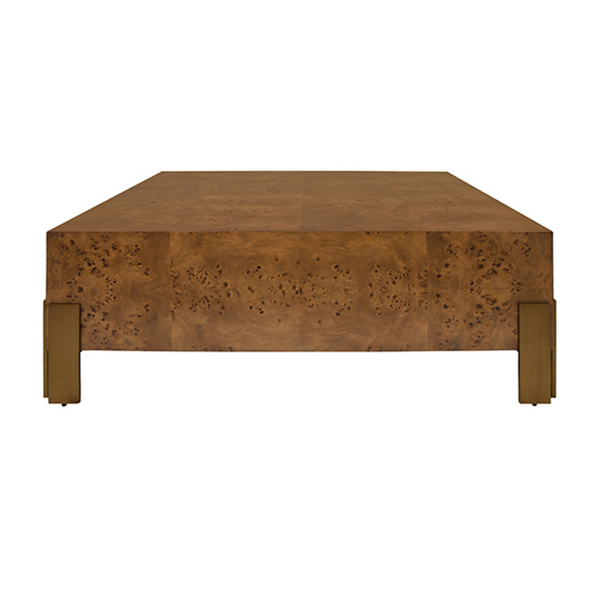 Enid Dark Burlwood 48" Square Coffee Table with Antique Brass Leg Brackets