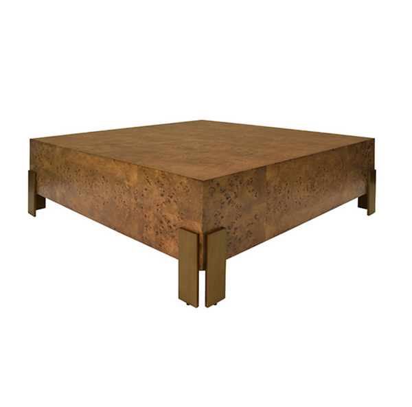 Enid Dark Burlwood 48" Square Coffee Table with Antique Brass Leg Brackets