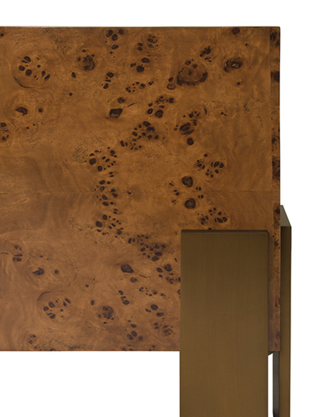 Enid Dark Burlwood 48" Square Coffee Table with Antique Brass Leg Brackets