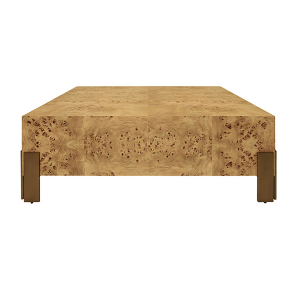 Enid Light Burlwood 48" Square Coffee Table with Antique Brass Leg Brackets