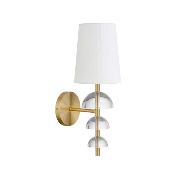 Demi Stacked Hemisphere Acrylic & Antique Brass Wall Sconce with White Linen Shade