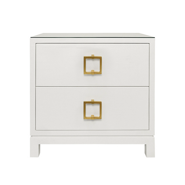 Cole Textured White Linen Two Drawer Side Table with Glass Top and Satin Brass Drawer Pulls